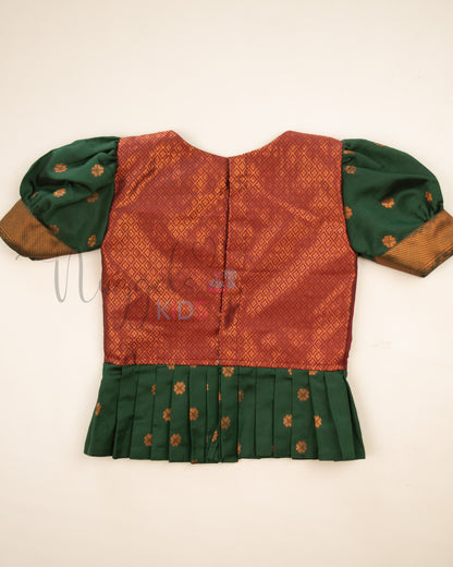 Ready to Ship: Maroon and Green Aari work V neck Blouse Pattu Pavada Set