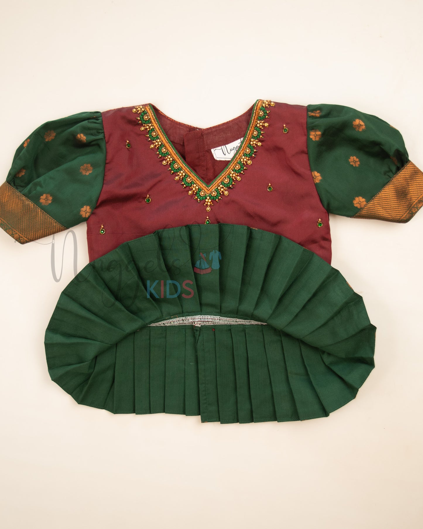 Ready to Ship: Maroon and Green Aari work V neck Blouse Pattu Pavada Set