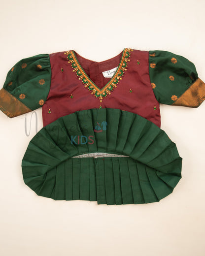 Ready to Ship: Maroon and Green Aari work V neck Blouse Pattu Pavada Set