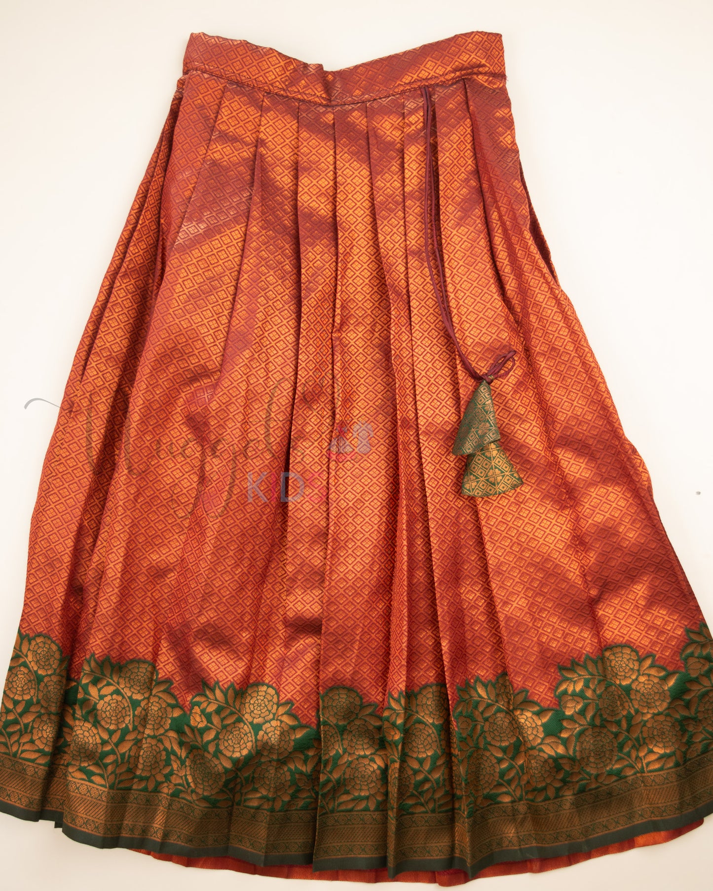 Ready to Ship: Maroon and Green Aari work V neck Blouse Pattu Pavada Set