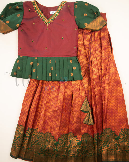 Ready to Ship: Maroon and Green Aari work V neck Blouse Pattu Pavada Set