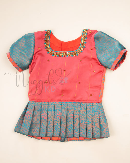 Ready to Ship: Tomato Red and Blue Aari work Blouse Pattu Pavada Set