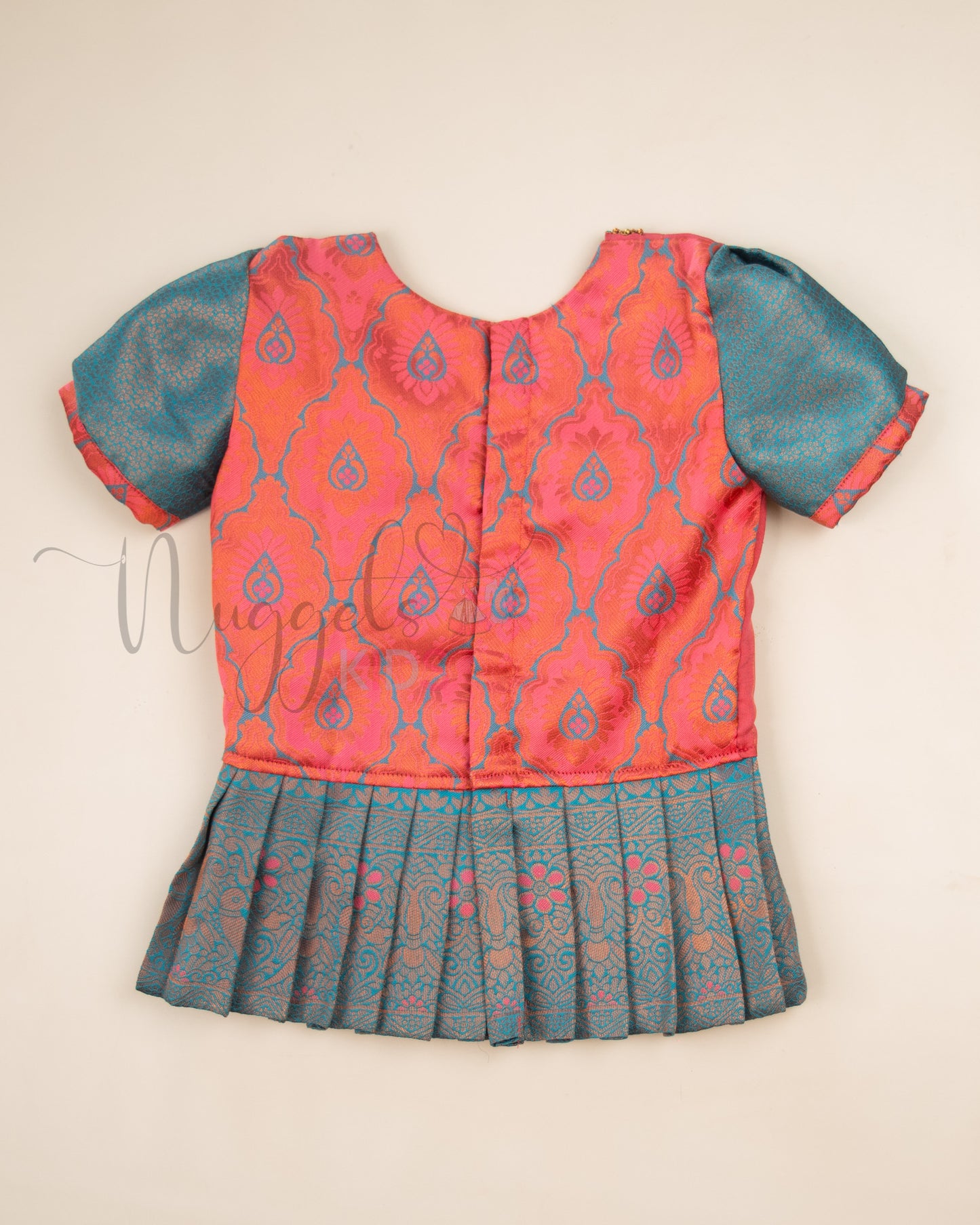 Ready to Ship: Tomato Red and Blue Aari work Blouse Pattu Pavada Set