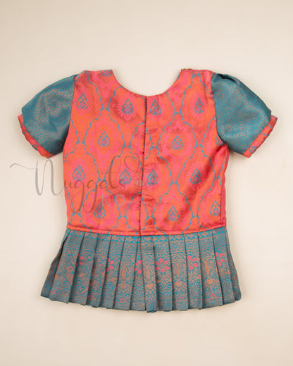 Ready to Ship: Tomato Red and Blue Aari work Blouse Pattu Pavada Set