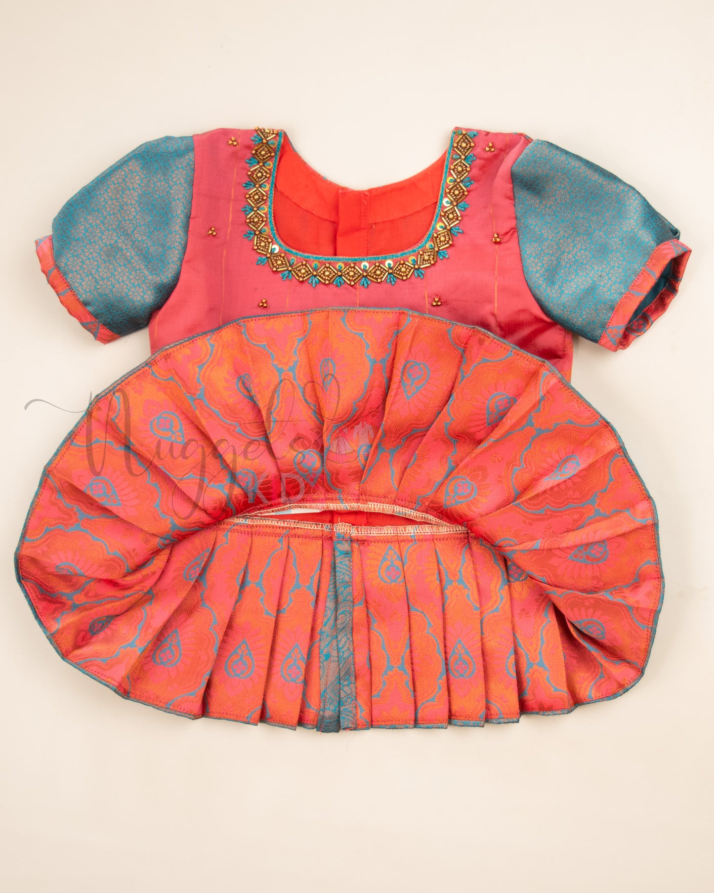 Ready to Ship: Tomato Red and Blue Aari work Blouse Pattu Pavada Set