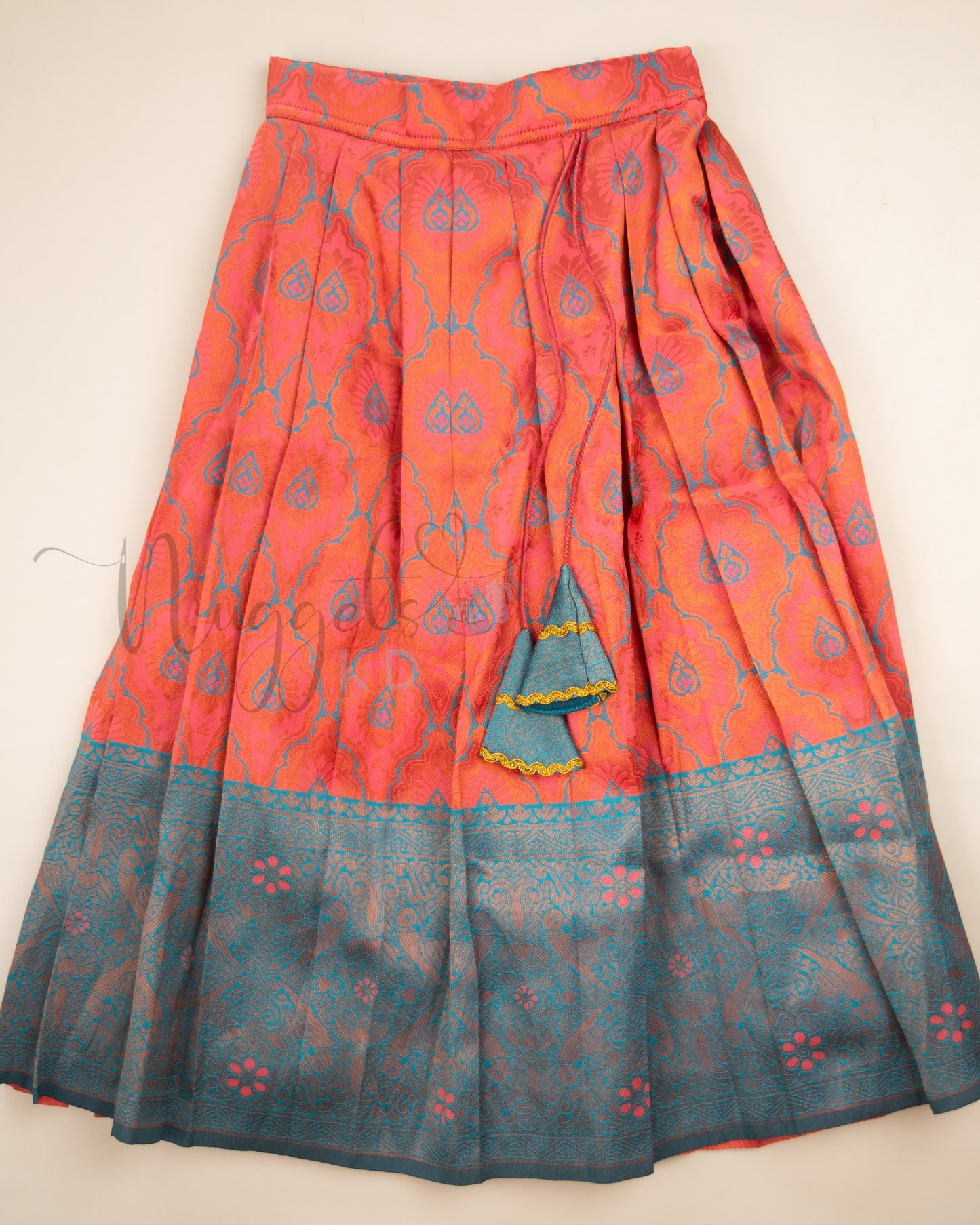 Ready to Ship: Tomato Red and Blue Aari work Blouse Pattu Pavada Set
