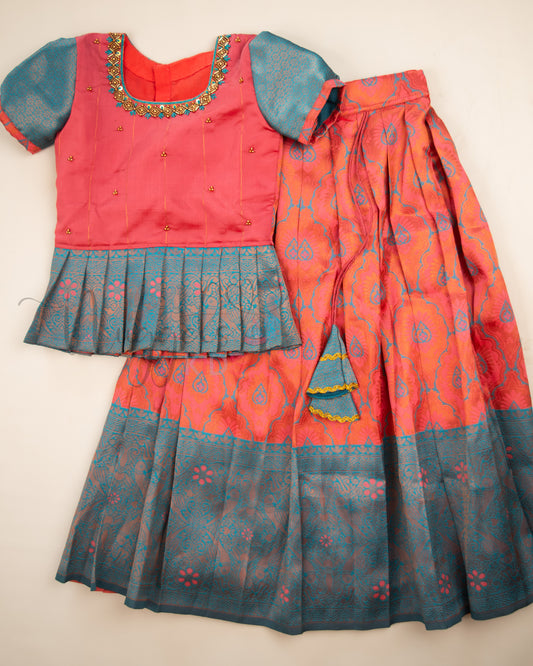 Ready to Ship: Tomato Red and Blue Aari work Blouse Pattu Pavada Set