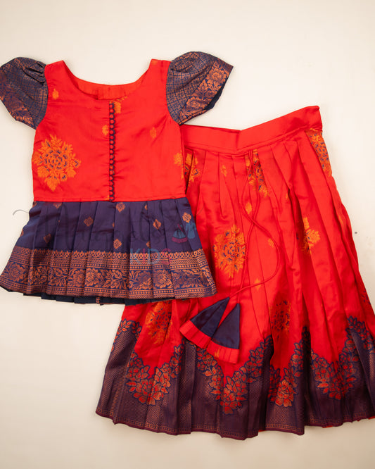 Ready to Ship: Red and Blue Designer Pattern Blouse Pattu Pavada Set