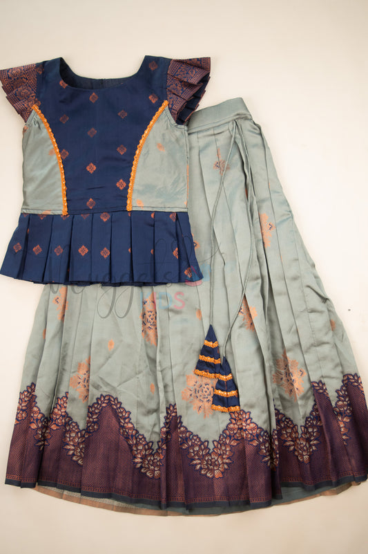 Ready to Ship: Grey and Blue Lacework Pattern Blouse Pattu Pavada Set