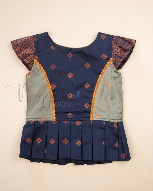 Ready to Ship: Grey and Blue Lacework Pattern Blouse Pattu Pavada Set