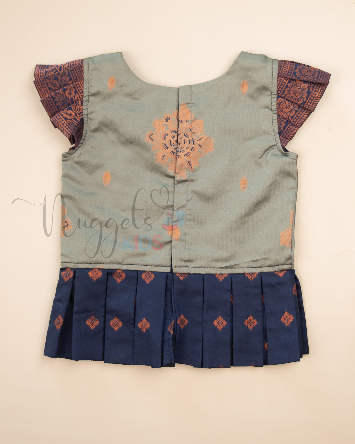 Ready to Ship: Grey and Blue Lacework Pattern Blouse Pattu Pavada Set