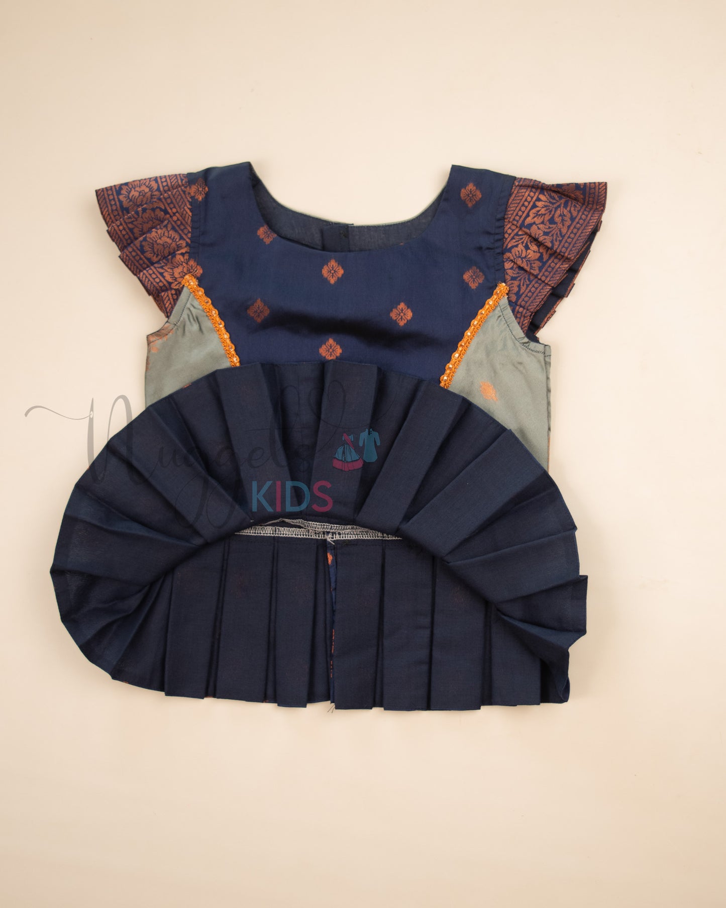 Ready to Ship: Grey and Blue Lacework Pattern Blouse Pattu Pavada Set