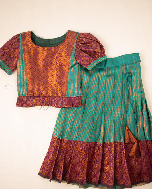 Ready to Ship: Bottle Green and Jamun Designer Pattern Blouse Pattu Pavada Set
