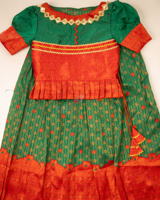 Ready to Ship: Green and Red Lacework Pattern Blouse Pattu Pavada Set