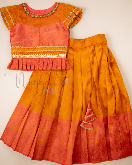 Ready to Ship: Orange and Pink Aari work Blouse Pattu Pavada Set