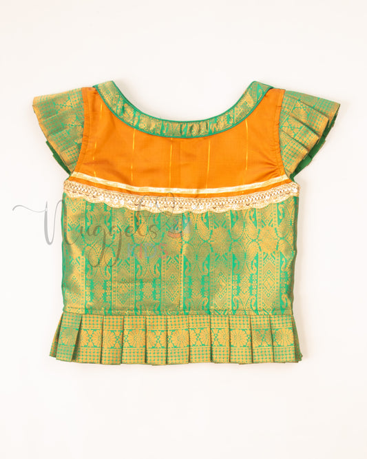 Ready to Ship: Orange and Green Lacework Pattern Blouse Pattu Pavada Set