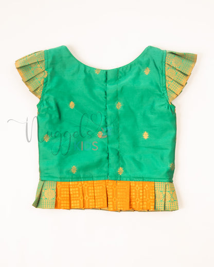 Ready to Ship: Orange and Green Lacework Pattern Blouse Pattu Pavada Set