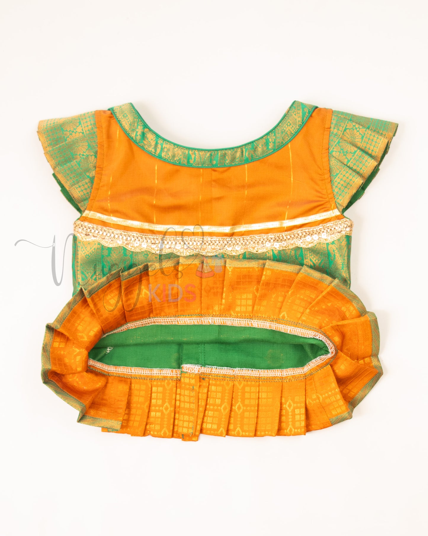 Ready to Ship: Orange and Green Lacework Pattern Blouse Pattu Pavada Set