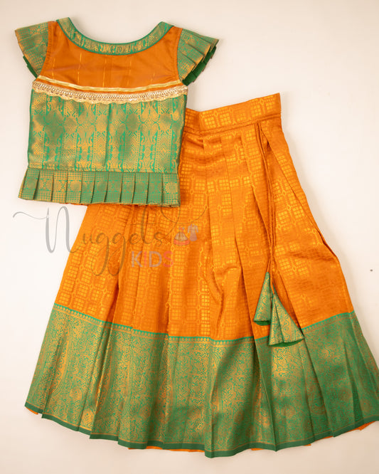 Ready to Ship: Orange and Green Lacework Pattern Blouse Pattu Pavada Set