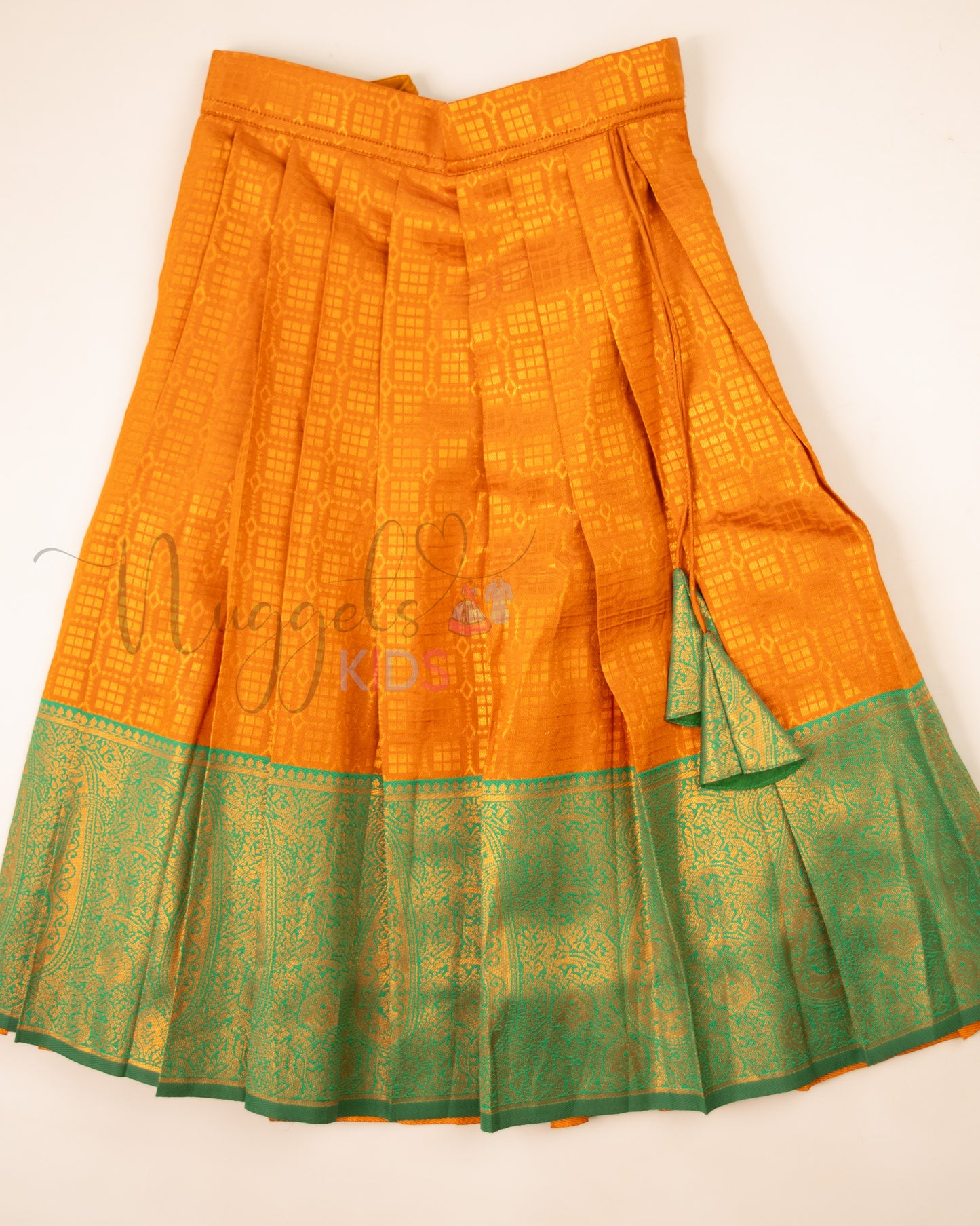 Ready to Ship: Orange and Green Lacework Pattern Blouse Pattu Pavada Set