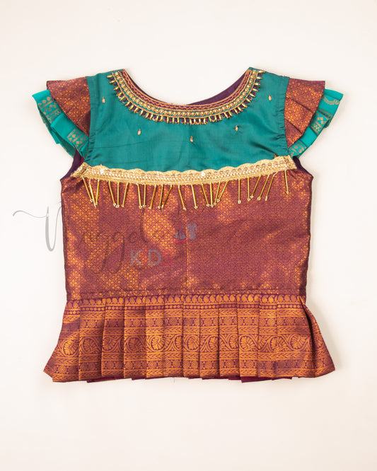 Ready to Ship: Peacock Green and Wine Aari work Blouse Pattu Pavada Set
