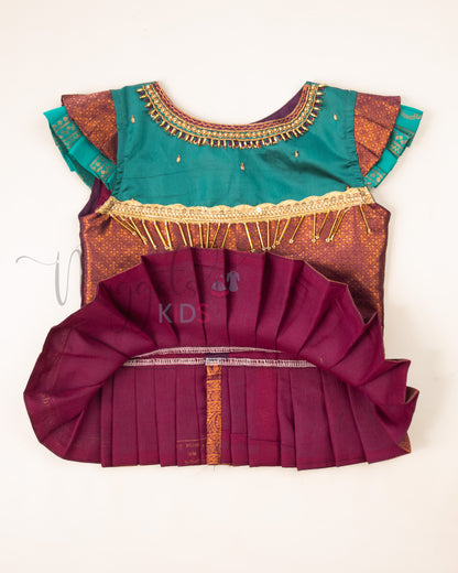 Ready to Ship: Peacock Green and Wine Aari work Blouse Pattu Pavada Set