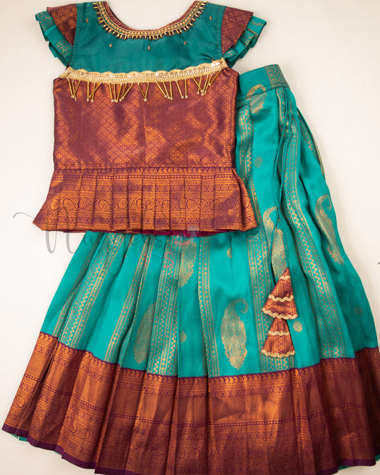 Ready to Ship: Peacock Green and Wine Aari work Blouse Pattu Pavada Set