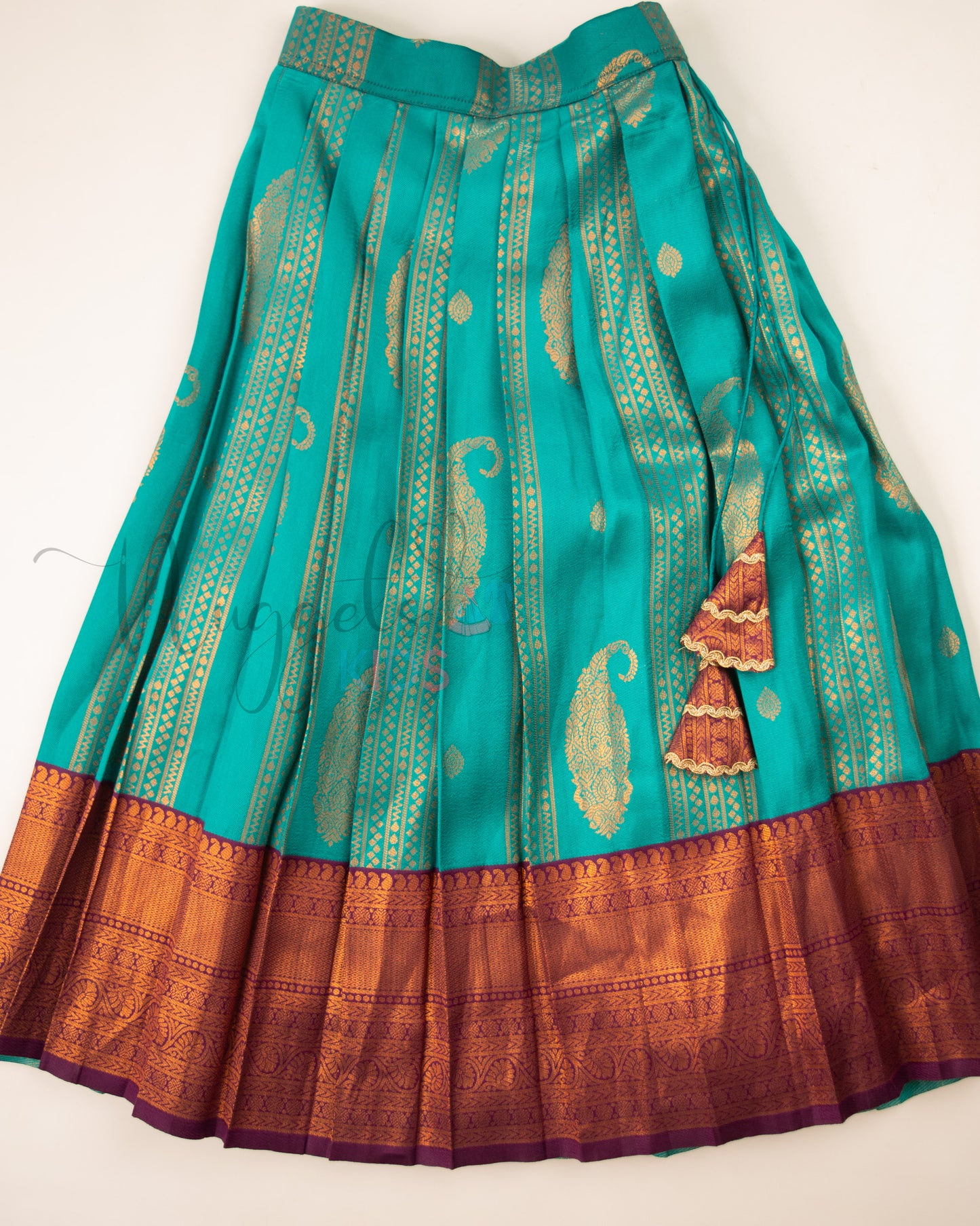 Ready to Ship: Peacock Green and Wine Aari work Blouse Pattu Pavada Set