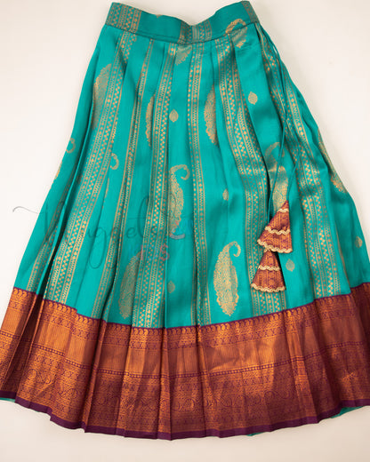 Ready to Ship: Peacock Green and Wine Aari work Blouse Pattu Pavada Set