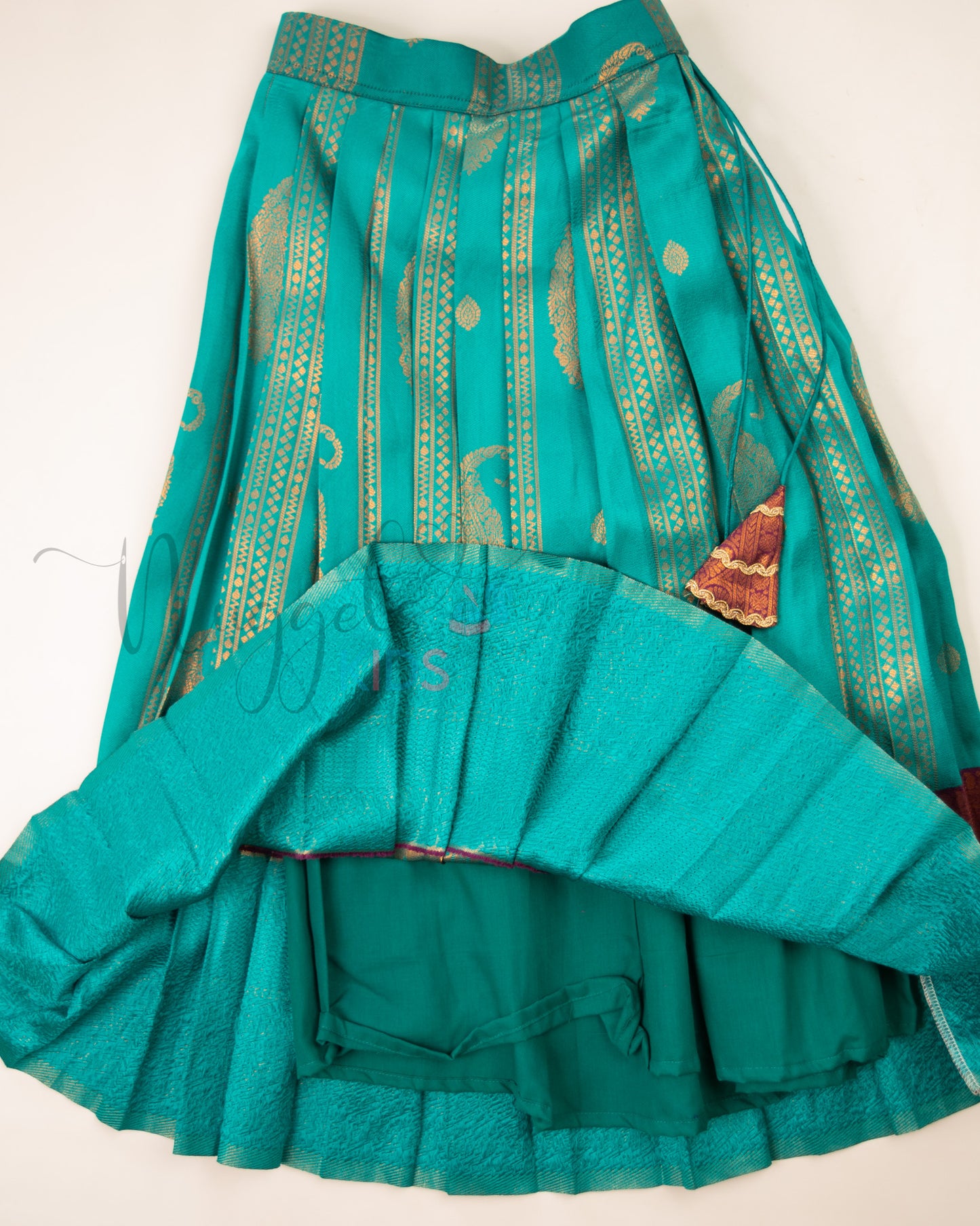 Ready to Ship: Peacock Green and Wine Aari work Blouse Pattu Pavada Set