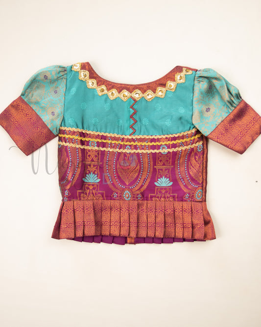 Ready to Ship: Ice Blue and Magenta Lacework Pattern Blouse Pattu Pavada Set