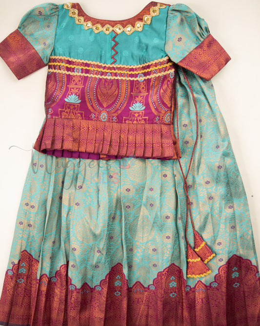 Ready to Ship: Ice Blue and Magenta Lacework Pattern Blouse Pattu Pavada Set
