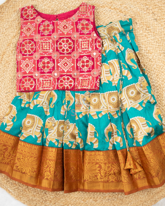 Ready to Ship: Designer Pure Organza Top and Elephant Printed Pattu Pavada Set