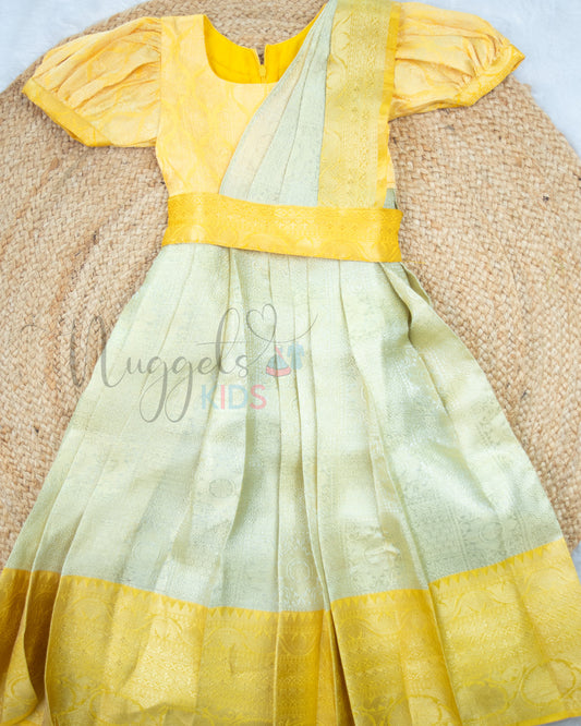 Ready to Ship: Silver Blue And Yellow Tissue Silk Half Saree Set