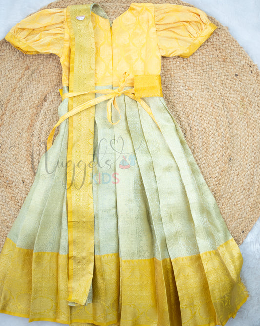 Ready to Ship: Silver Blue And Yellow Tissue Silk Half Saree Set