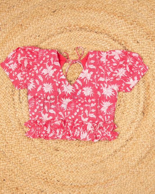 Ready to Ship: Pink and White Cotton Kantha Shorts Set with Puff Sleeves, ruffle flower hem, pot back and Printed Kantha Comfy Fit Shorts