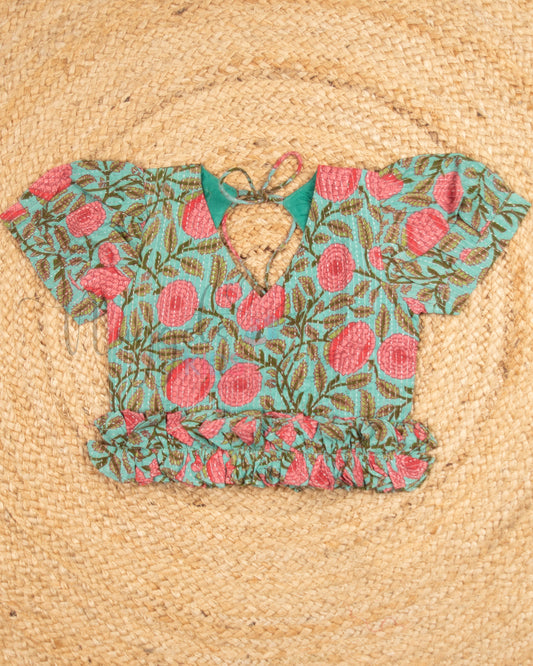 Ready to Ship: Teal and Peach Cotton Kantha Shorts Set with Puff Sleeves, ruffle flower hem, pot back and Printed Kantha Comfy Fit Shorts