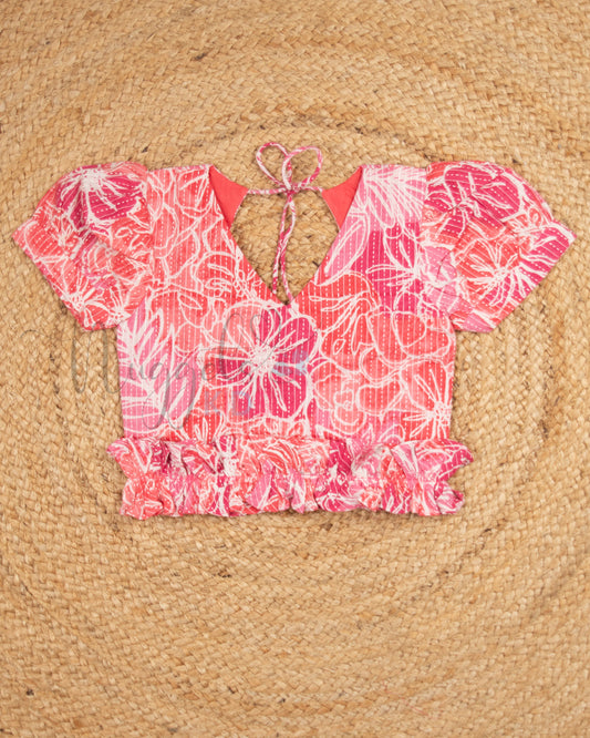 Ready to Ship: Pink Cotton Kantha Shorts Set with Puff Sleeves, ruffle flower hem, pot back and Printed Kantha Comfy Fit Shorts