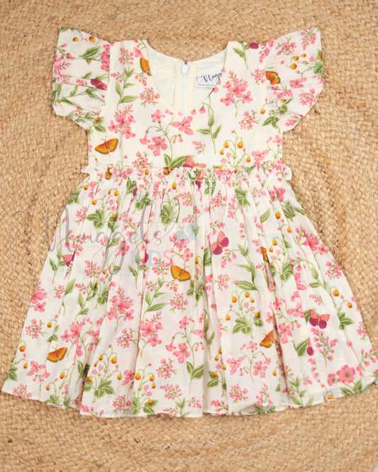 Ready to Ship: OffWhite Butterfly Cotton frock with Flutter Sleeves and Beautiful cutwork butterfly detailing at the back