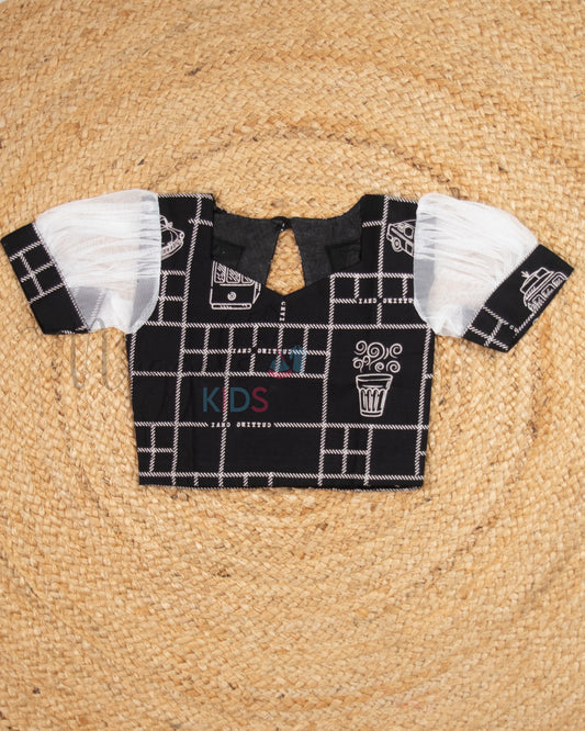 Ready to Ship: Black And White Cambric Cotton Shorts Set with Netted Puff Sleeves and Keyhole Back Button and Comfy Fit Shorts