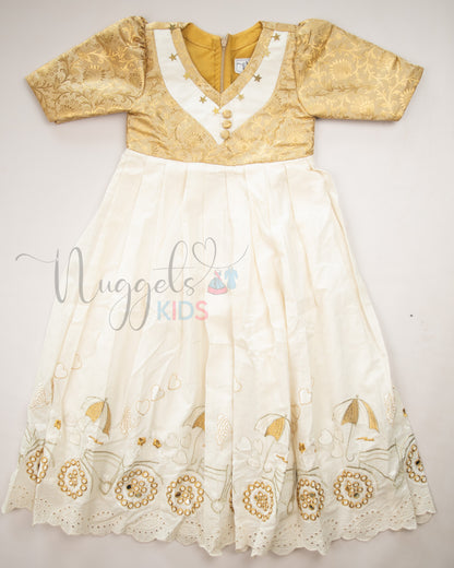 Ready to Ship: Offwhite and Golden Gown with Designer Brocade Yoke and Embroidered Flare