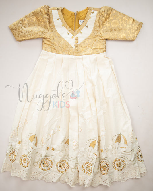 Ready to Ship: Offwhite and Golden Gown with Designer Brocade Yoke and Embroidered Flare