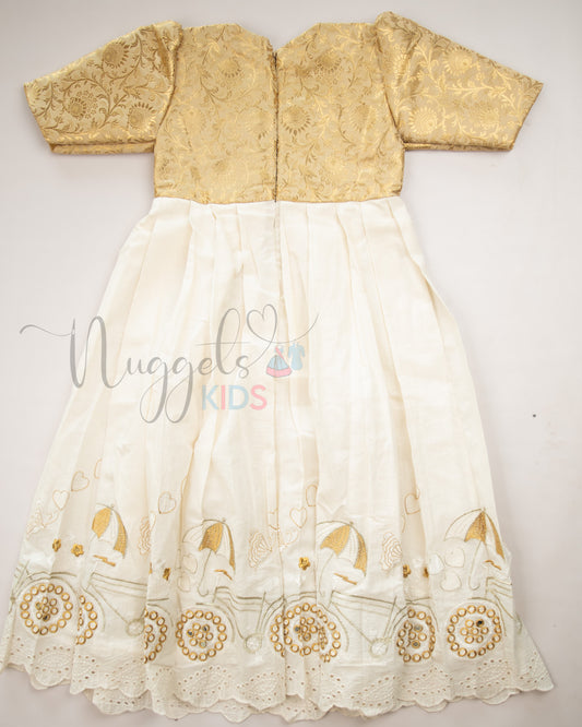 Ready to Ship: Offwhite and Golden Gown with Designer Brocade Yoke and Embroidered Flare