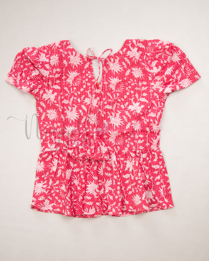 Ready to Ship: Pink and White Kantha Cotton Frilly neck top and Elasticated Palazzo Pant