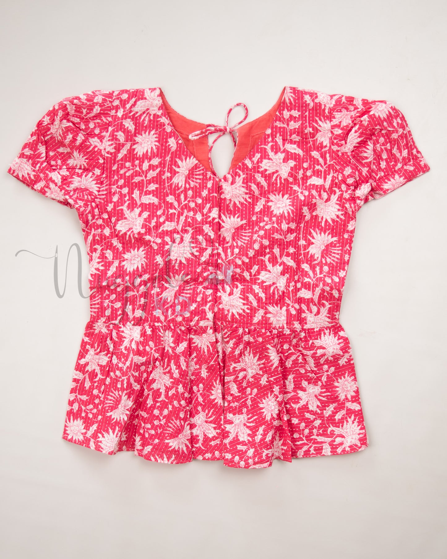 Ready to Ship: Pink and White Kantha Cotton Frilly neck top and Elasticated Palazzo Pant