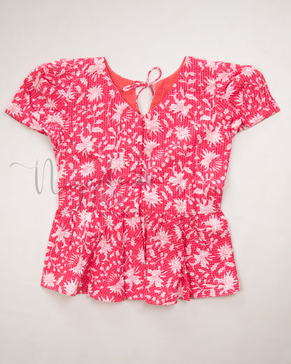 Ready to Ship: Pink and White Kantha Cotton Frilly neck top and Elasticated Palazzo Pant