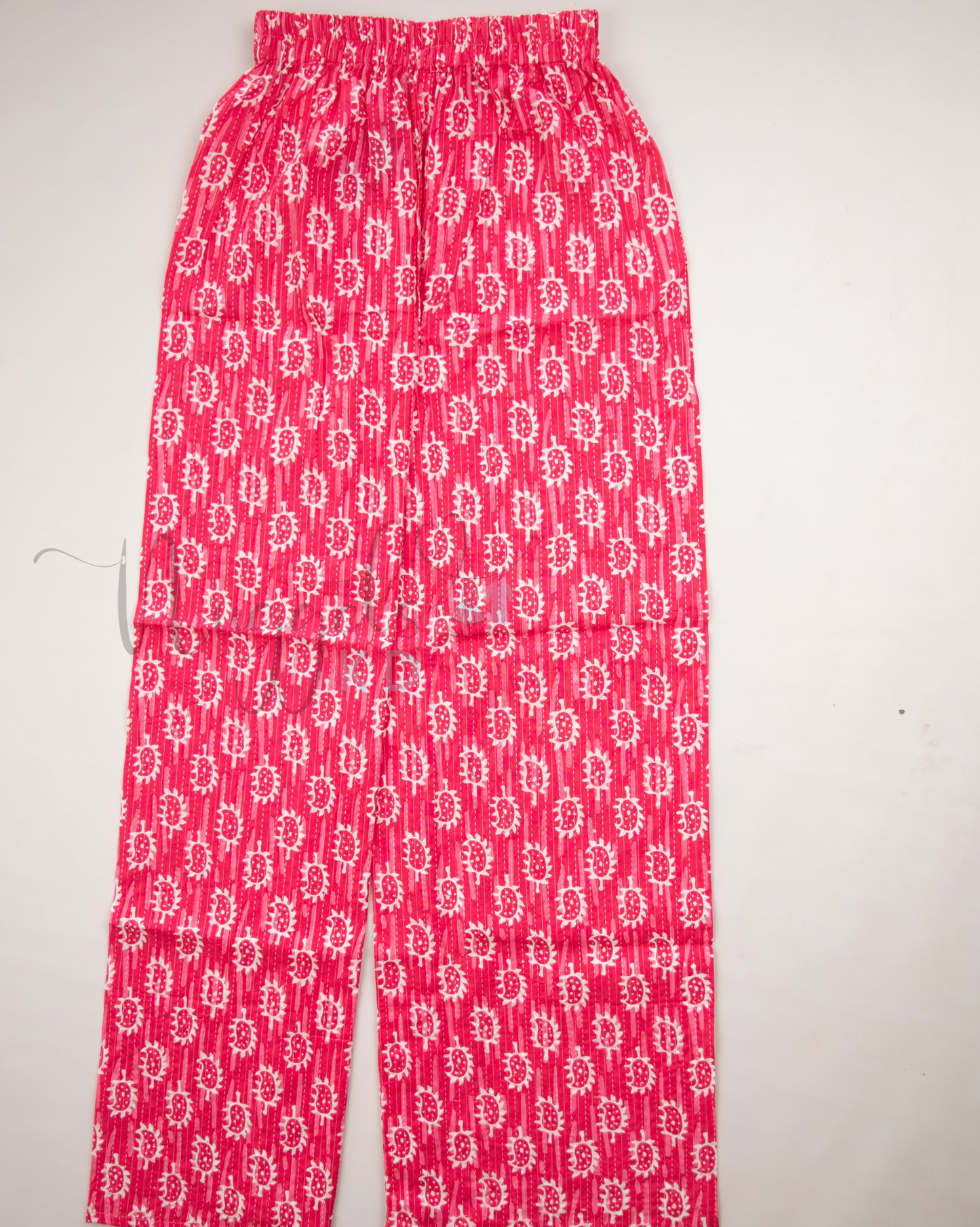 Ready to Ship: Pink and White Kantha Cotton Frilly neck top and Elasticated Palazzo Pant