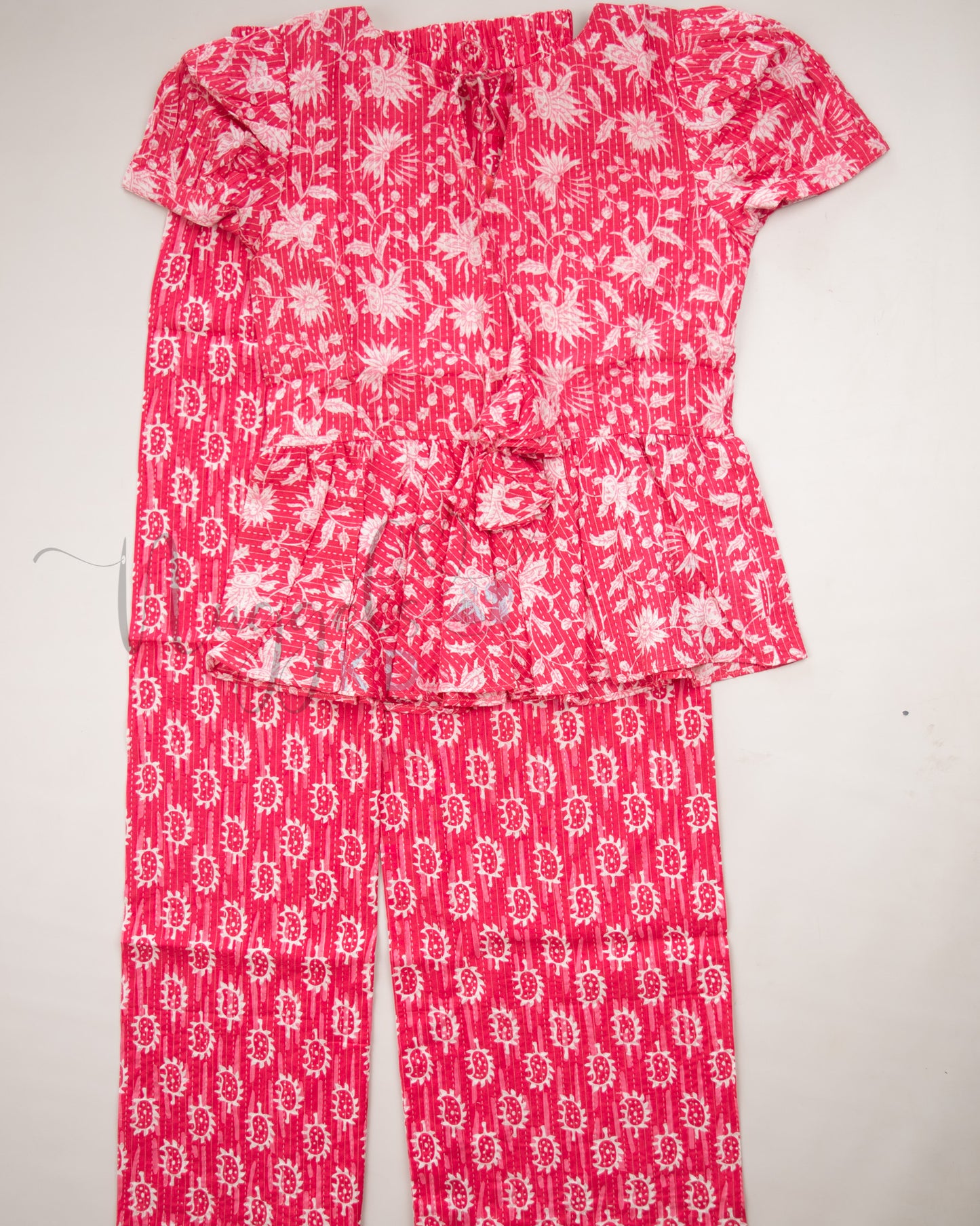 Ready to Ship: Pink and White Kantha Cotton Frilly neck top and Elasticated Palazzo Pant
