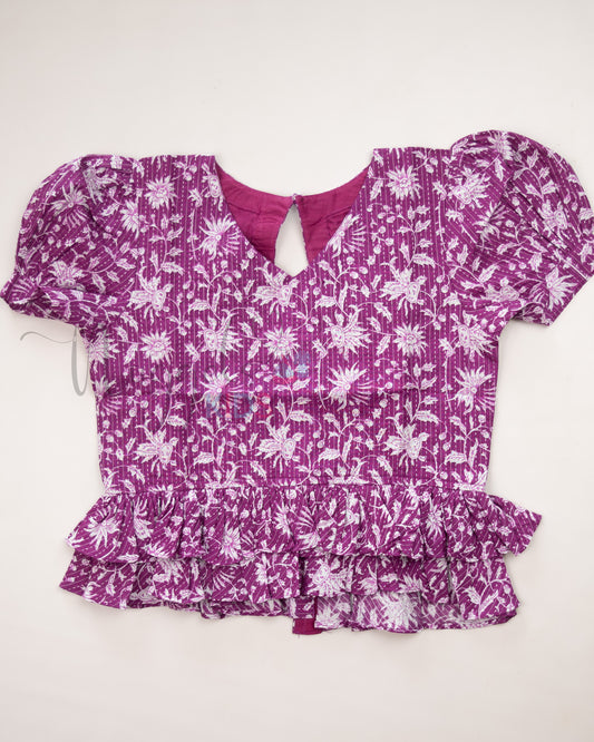 Ready to Ship: Purple and White Kantha Cotton Frilly neck top and Elasticated Palazzo Pant