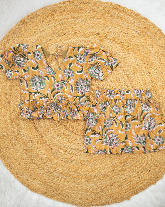 Ready to Ship: Mustard and Green Cotton Kantha Shorts Set with Puff Sleeves, ruffle flower hem, pot back and Printed Kantha Comfy Fit Shorts